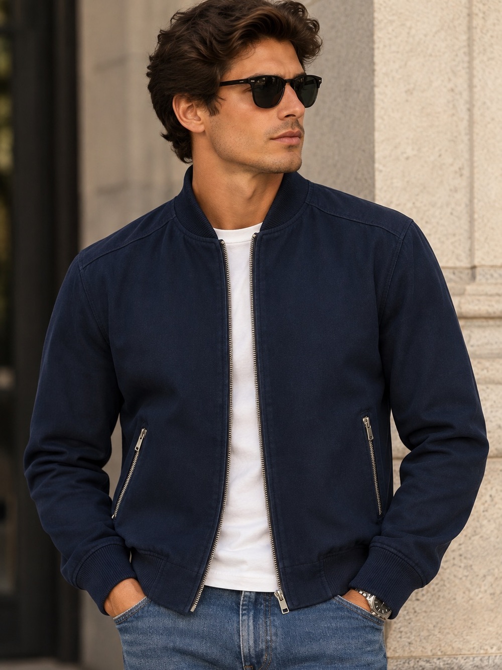 Zara Man Navy Bomber Jacket with Silver Zippers
